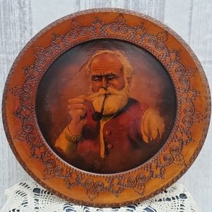 Vintage Folk Art Man Smoking a Pipe Wooden Plate Wall Art